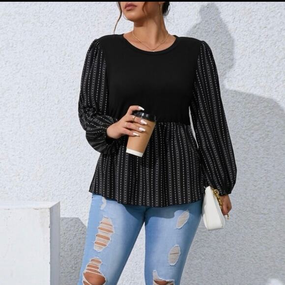 Shein Tops - Shein Curve Black Blouse with Striped Puff Sleeves – 1XL